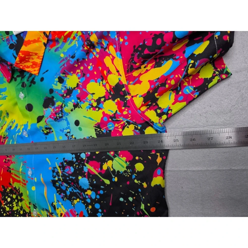 Men's Hawaiian Shirt XL Multicolor Paint Splatter Stretch Short Sleeve Button-Up - Picture 7 of 7